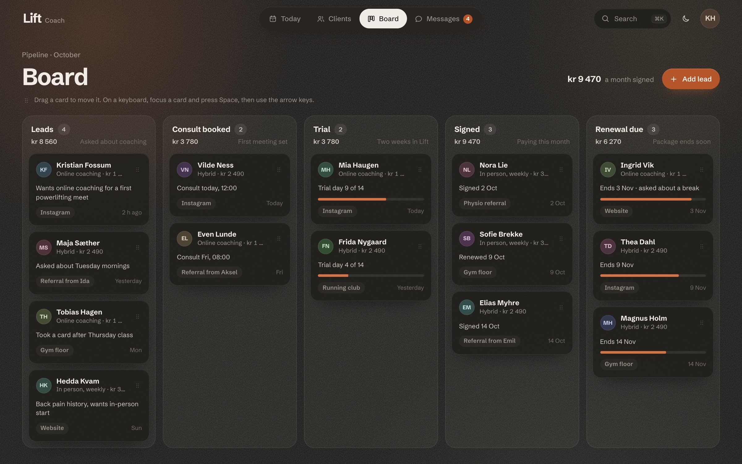 Lift Coach in dark mode: a pipeline board of client cards from leads to renewal